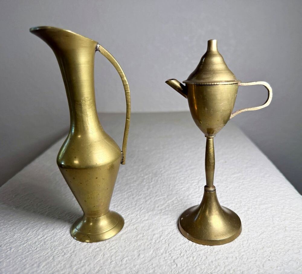 Vintage Brass Ewer Pitcher & Lidded Vessel Set of 2 Made in India MCM Boho
